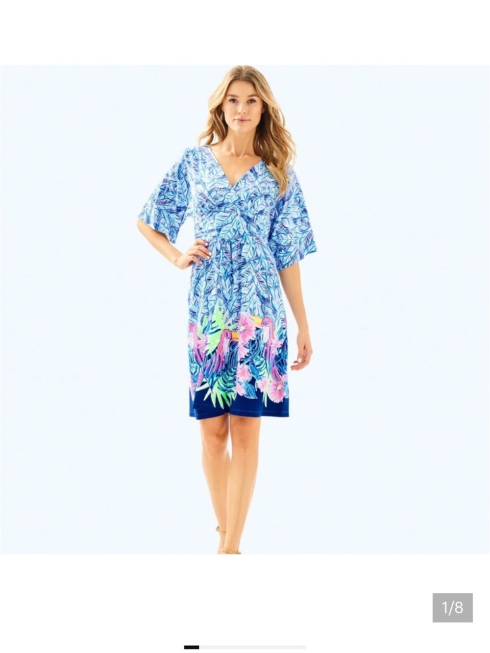 Lilly Pulitzer Parigi dress in Blue Tropical-Print with Pink & Green Accents